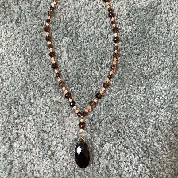 Vintage coral and smokey topaz stone necklace 14K - Picture 3 of 9